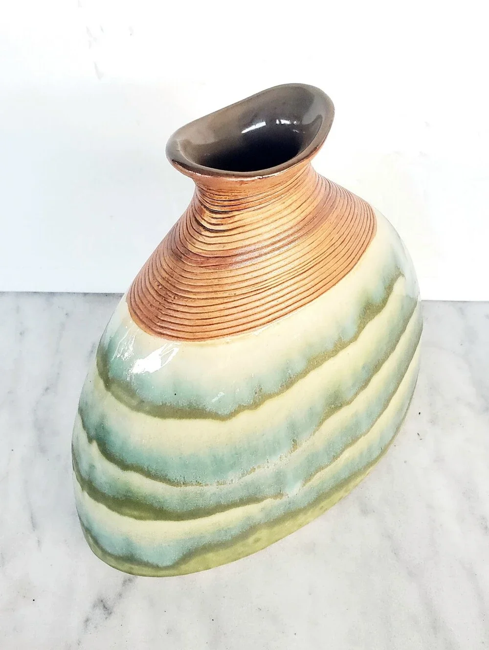 VINTAGE DRIP GLAZE POTTERY FLAT FISH SHAPE Large VASE Ribbed Neck Green Brown